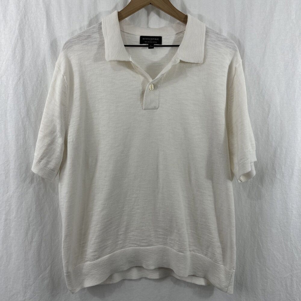 Banana Republic Ivory Organic Cotton Short Sleeve Polo Shirt Mens Sz L Preppy